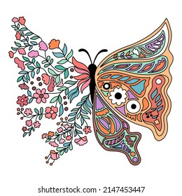 Butterfly And Flower Design Vector Illustration, Doodle Style For Tshirt Designs, Cards, Fabrics, Clothes Designs, Scrapbook, Pillow Designs, Digital Prints, Canvas Prints And More.