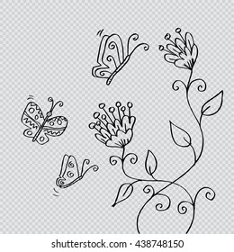 Butterfly with flower. Doodle style.