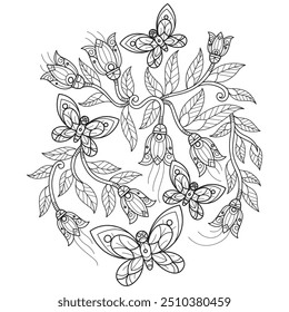 Butterfly in the flower garden hand drawn for adult coloring book