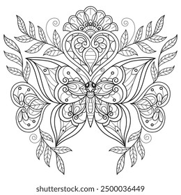 Butterfly and flower heart hand drawn for adult coloring book