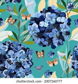 Butterfly and flower of hydrangea. Seamless vector pattern for fabric, wallpaper, wrapping paper, scrapbooking, invitation card. Surface design in light blue, aqua marine colors.