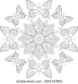 Butterfly with flower. Mandala. Coloring book for children and adults.