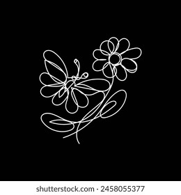 
butterfly with flower minimal design hand drawn one line style drawing, butterfly with flower one line art continuous drawing, butterfly with flower single line art 