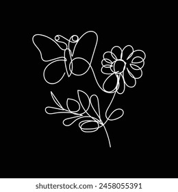 
butterfly with flower minimal design hand drawn one line style drawing, butterfly with flower one line art continuous drawing, butterfly with flower single line art 