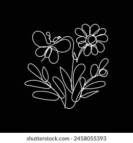 
butterfly with flower minimal design hand drawn one line style drawing, butterfly with flower one line art continuous drawing, butterfly with flower single line art 