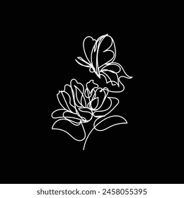 
butterfly with flower minimal design hand drawn one line style drawing, butterfly with flower one line art continuous drawing, butterfly with flower single line art 