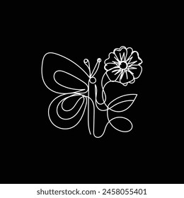 
butterfly with flower minimal design hand drawn one line style drawing, butterfly with flower one line art continuous drawing, butterfly with flower single line art 