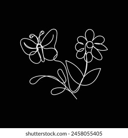 
butterfly with flower minimal design hand drawn one line style drawing, butterfly with flower one line art continuous drawing, butterfly with flower single line art 