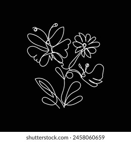  butterfly with flower minimal design hand drawn one line style drawing, butterfly with flower one line art continuous drawing, butterfly with flower single line art 