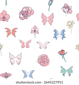 Borboleta e flor moderna simplicidade vetor ilustração. Uma linha padrão moderno contínuo.