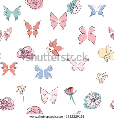 Butterfly and flower modern simplicity vector illustration. One line seamless modern pattern.