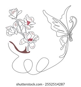 Butterfly and flower One continuous line drawing. Beautiful flying moth for wellbeing beauty or spa salon logo and divider concept in simple linear style. Editable stroke. Doodle vector illustration