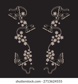 Patrón de ornamento de flores de mariposa bordado de impresión