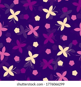 Butterfly and flower pattern on purple background. Great for wallpaper, web background, wrapping paper, fabric, packaging, greeting cards, invitations and more.
