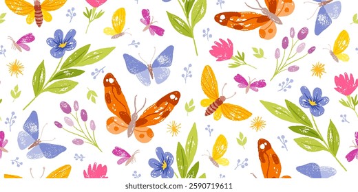 Butterfly and flower pattern. Seamless vector floral spring background. Cute crayon print bg. Watercolor vintage illustration. Summer design, blue yellow butterfly pink flower. Spring insect wallpaper