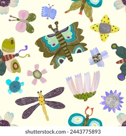 Butterfly and flower. seamless pattern animal and nature. watercolor vector illustration.	
