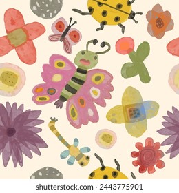 Butterfly and flower. seamless pattern animal and nature. watercolor vector illustration.	
