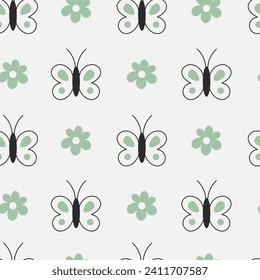 Mariposa y flor sin fisuras en estilo doodle. Sencilla primavera y verano con insectos y camomila. Repetir ilustración vectorial con diseño plano y de líneas
