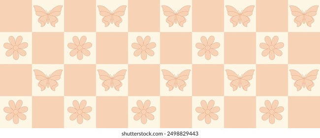 Butterfly and flower seamless pattern on checkered background vector illustration. Insect and daisy with outline repeated ornament. 70s aesthetic design for textile, fabric, wrapping paper, package.