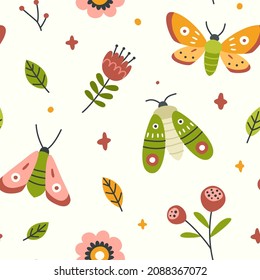 Butterfly and flower simple doodle pattern. Moth in garden floral seamless texture for fabric, textile, wrapping, paper, stationery, nursery.