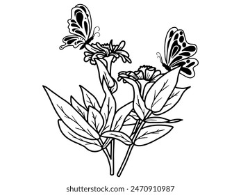 Butterfly Flower Sketch Line Art