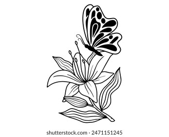 Butterfly Flower Sketch Line Art