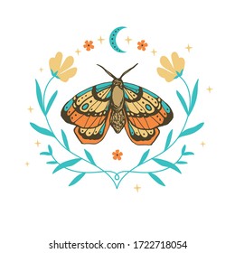 butterfly, flower, star. magic vintage illustration for textiles, office clothing design