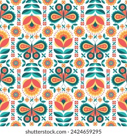 Butterfly and flower summer background.  Bright geometric seamless pattern with flowers and butterflies. Texture for wallpaper, textile, fabric, home decor