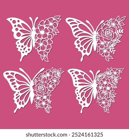 Butterfly with Flower Wing cutting template set, boho print design.