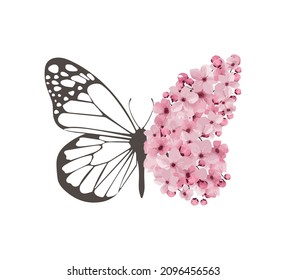 Butterfly with Flower Wing, Vector Design, Fashion, Poster, Card, Sticker, Phone Case, Wall Art, Sakura, Pink Flowers, Floral, Boho Butterfly, Spring