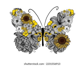 Butterfly with flower wings. Abstract beautiful butterfly for t-shirt print. Vector illustration