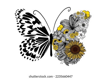 Butterfly with flower wings. Abstract beautiful butterfly for t-shirt print. Vector illustration