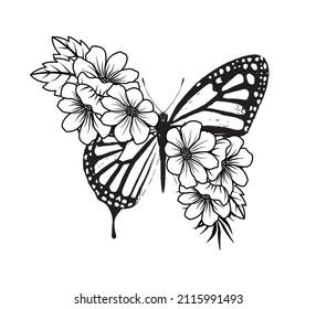 Butterfly with Flower Wings, Vector Design, Fashion, Poster, Card, Sticker, Phone Case, Wall Art, Tattoo, Tattoo Butterfly, Floral, Boho Butterfly