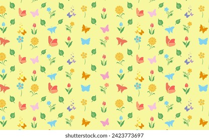 butterfly and flower with yellow background seamless pattern