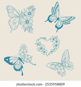 Butterfly and flower,Mystic moth. , isolated element tattoo set, icon celestial. Astrology flower, esoteric boho symbol, logo mystery bohemian style, fly insects