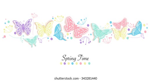 Butterfly and flowers abstract decorative spring time greeting card vector background