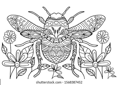 A butterfly and flowers with abstract ornaments, hand drawn for coloring, drawing isolated, white background, vector for coloring on a white background.