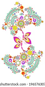 Butterfly with flowers background, made of acrylic, watercolor, handmade, from original canvas art. Grunge paint texture with brush stroke effect. 3d shadows. Vector.