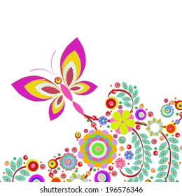 Butterfly with flowers background, made of acrylic, watercolor, handmade, from original canvas art. Grunge paint texture with brush stroke effect. 3d shadows. Vector.
