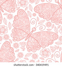 Butterfly and flowers background. Vector floral pink seamless pattern.