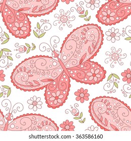 Fondo de mariposa y flores. Vector de color rosa floral sin fisuras.