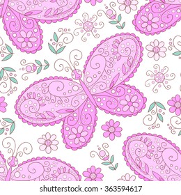 Butterfly and flowers background. Vector floral pink seamless pattern.