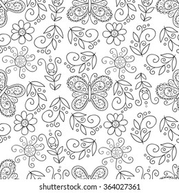 Butterfly and flowers background. Vector floral monochrome seamless pattern.