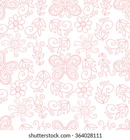 Butterfly and flowers background. Vector floral pink seamless pattern.