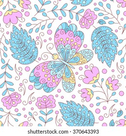 Butterfly and flowers background. Vector floral sweet seamless pattern