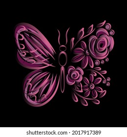 butterfly flowers beauty modern style purple gradient black background