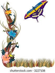 Butterfly, flowers, bumble bee, grass and tall plant are featured in this whimsical garden Illustration, all in their own vector layers.