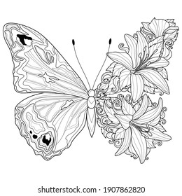 Butterfly and flowers  Coloring book antistress design for children   adults  Illustration isolated white background  Zen  tangle style  Black   white drawing  Hand drawn
