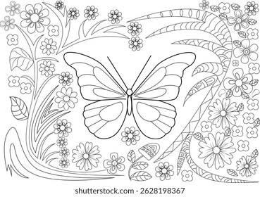 Butterfly and Flowers Coloring Page, An intricate black and white line art illustration of a butterfly surrounded by various flowers and decorative elements, designed as a coloring page for kids and