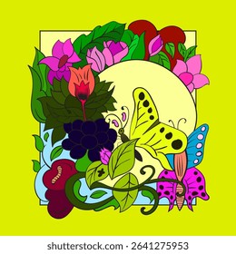 Butterfly and Flowers Coloring Page-Whimsical Garden Nature Illustration for Kids and Adults